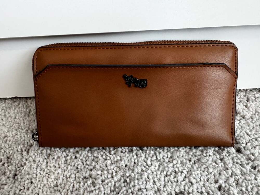 Mathew + Julian Brown Faux Leather Zip-Around Wallet with Striped Interior